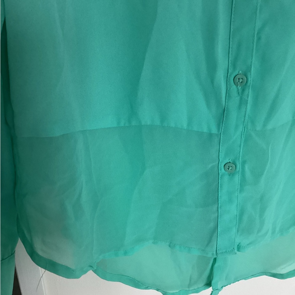 Candie’s blouse L sheer turquoise green EUC bejeweled collar long sleeve - Picture 7 of 7